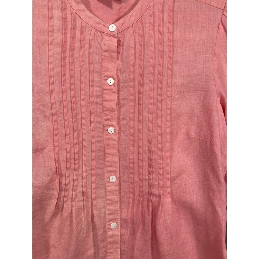 Tracy M Pink 100% Linen Pintuck Button Down Shirt Band Collar Long Sleeve Top - Picture 8 of 12